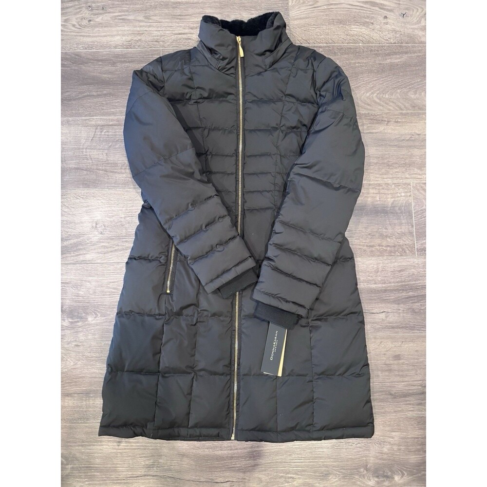 Donna Karan Women's Black Long Line Coat Size Medium, Down Fill, Puffer Coat.